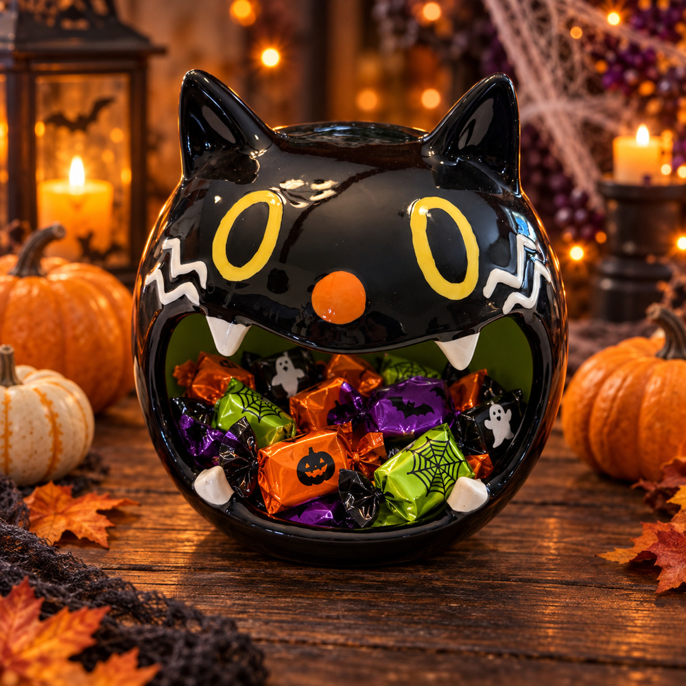 Lucerne Foods Black Cat Ceremic Halloween Candy Bowl Green Interior 9"